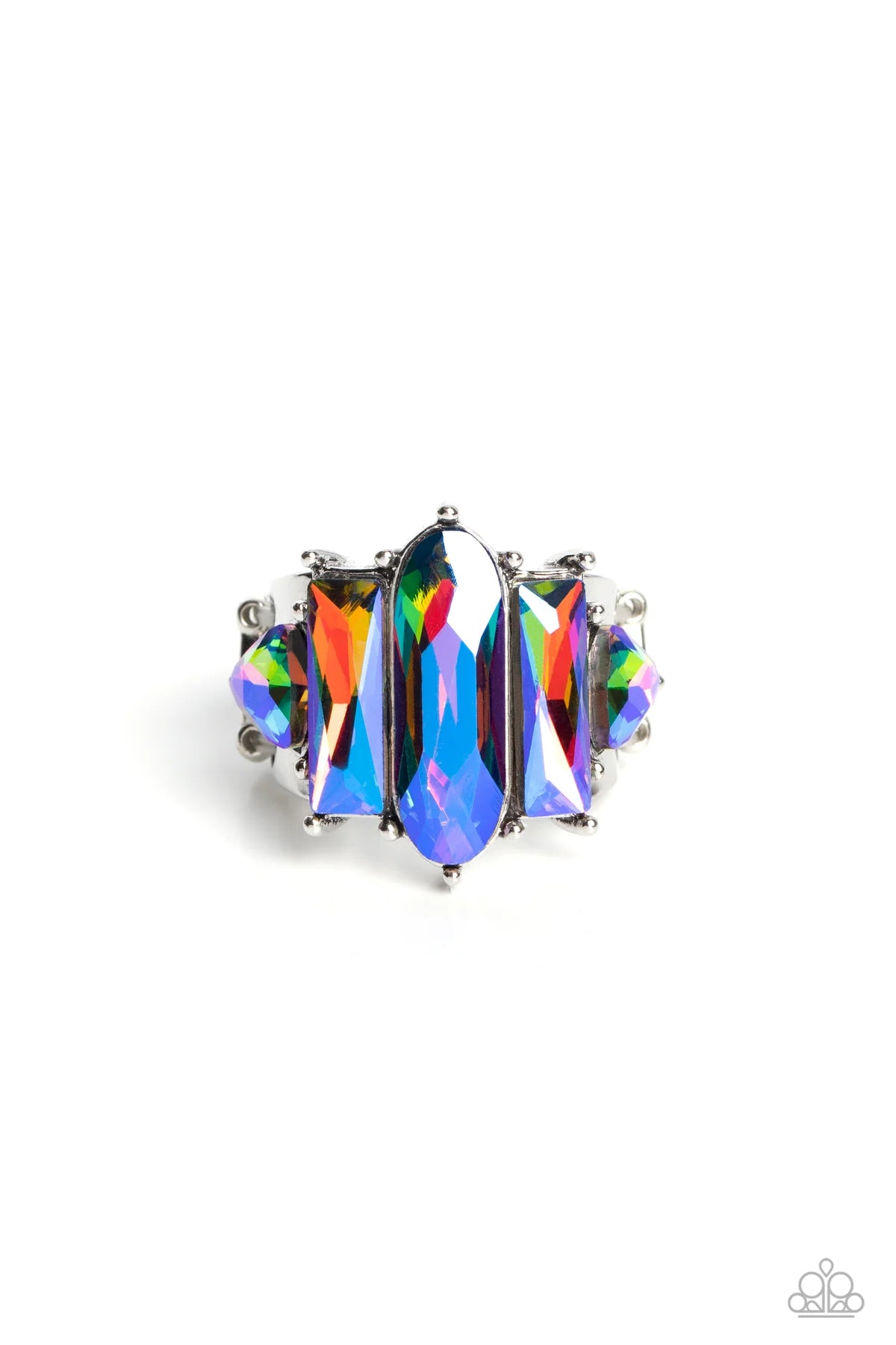 Paparazzi Accessories Iridescently Interstellar - Multi Featuring a stellar UV finish, an iridescent collection of triangular, emerald, and oval cut rhinestones are encrusted across the center of a thick silver band for an out-of-this-world fashion. Featu
