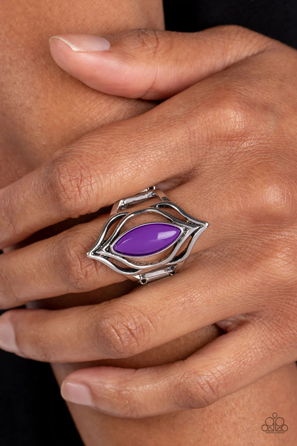 Paparazzi Accessories Fearless Fluorescence - Purple A polished purple bead in a dramatic marquise cut adorns the center of an airy silver frame. The silver frame flares at each end of the bead, emphasizing the fluorescent pop of color atop the finger. Fe