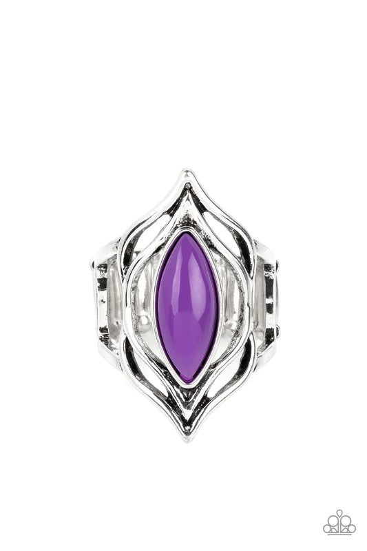 Paparazzi Accessories Fearless Fluorescence - Purple A polished purple bead in a dramatic marquise cut adorns the center of an airy silver frame. The silver frame flares at each end of the bead, emphasizing the fluorescent pop of color atop the finger. Fe