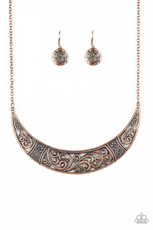 Paparazzi Accessories Bull In A China Shop - Copper Swirling with ornate filigree filled detail, a shimmery copper crescent plate swings below the collar for a fierce look. Features an adjustable clasp closure. Jewelry
