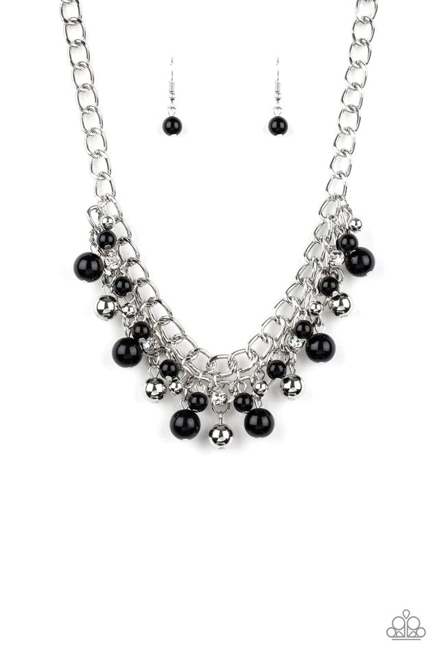 Paparazzi Accessories The Bride To Bead - Black Varying in size, a collection of polished black and shiny silver beads swing from the bottom of interlocking silver chains below the collar. A row of glassy white rhinestones are sprinkled along the colorful