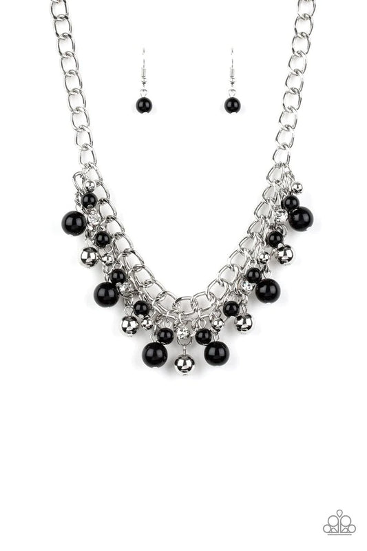 Paparazzi Accessories The Bride To Bead - Black Varying in size, a collection of polished black and shiny silver beads swing from the bottom of interlocking silver chains below the collar. A row of glassy white rhinestones are sprinkled along the colorful