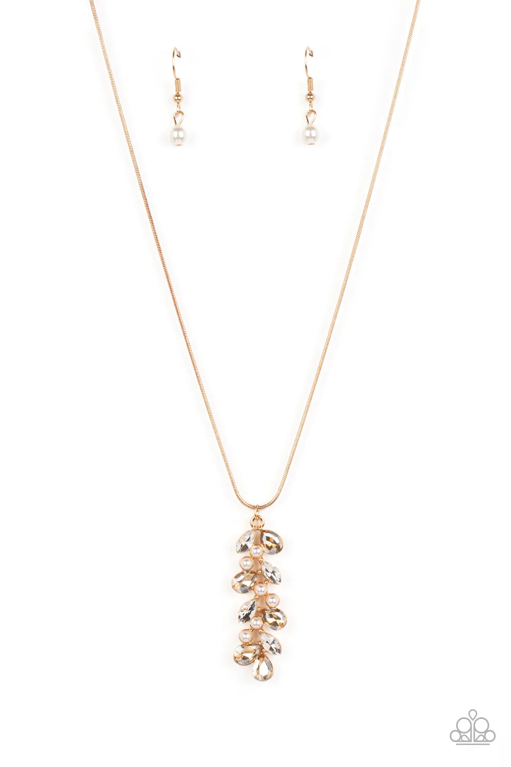 Paparazzi Accessories Pearls Before VINE - Gold Dainty faceted gold colored teardrops- and white marquise-cut gems climb around clusters of dainty white half-pearls, creating an elongated pendant that slides elegantly along a skinny gold snake chain. Feat