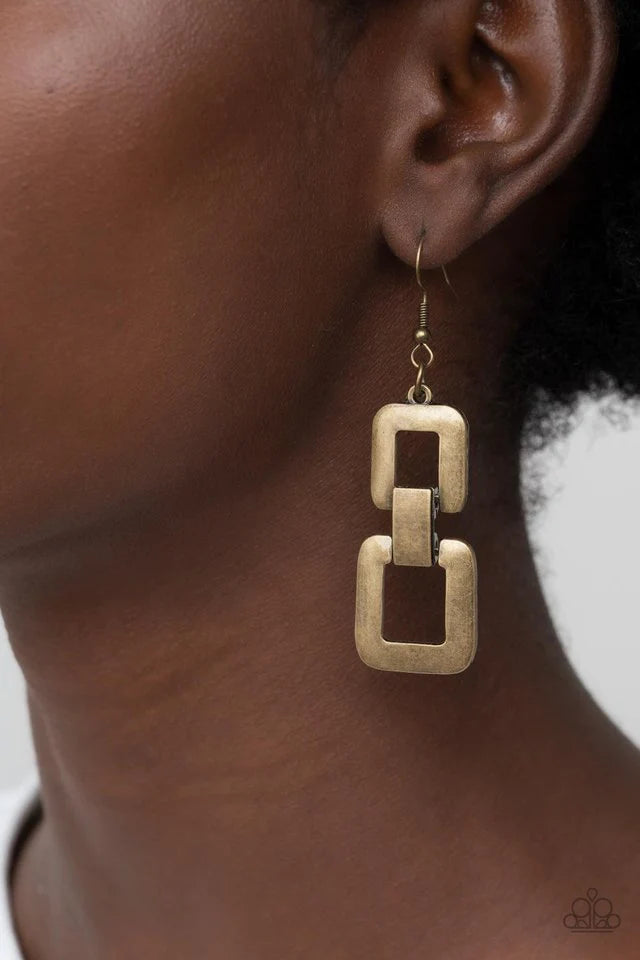 Paparazzi Accessories Public Square - Brass Brushed in a burnished finish, two square brass frames link into a monochromatic lure for a rustic flair. Earring attaches to a standard fishhook fitting. Jewelry