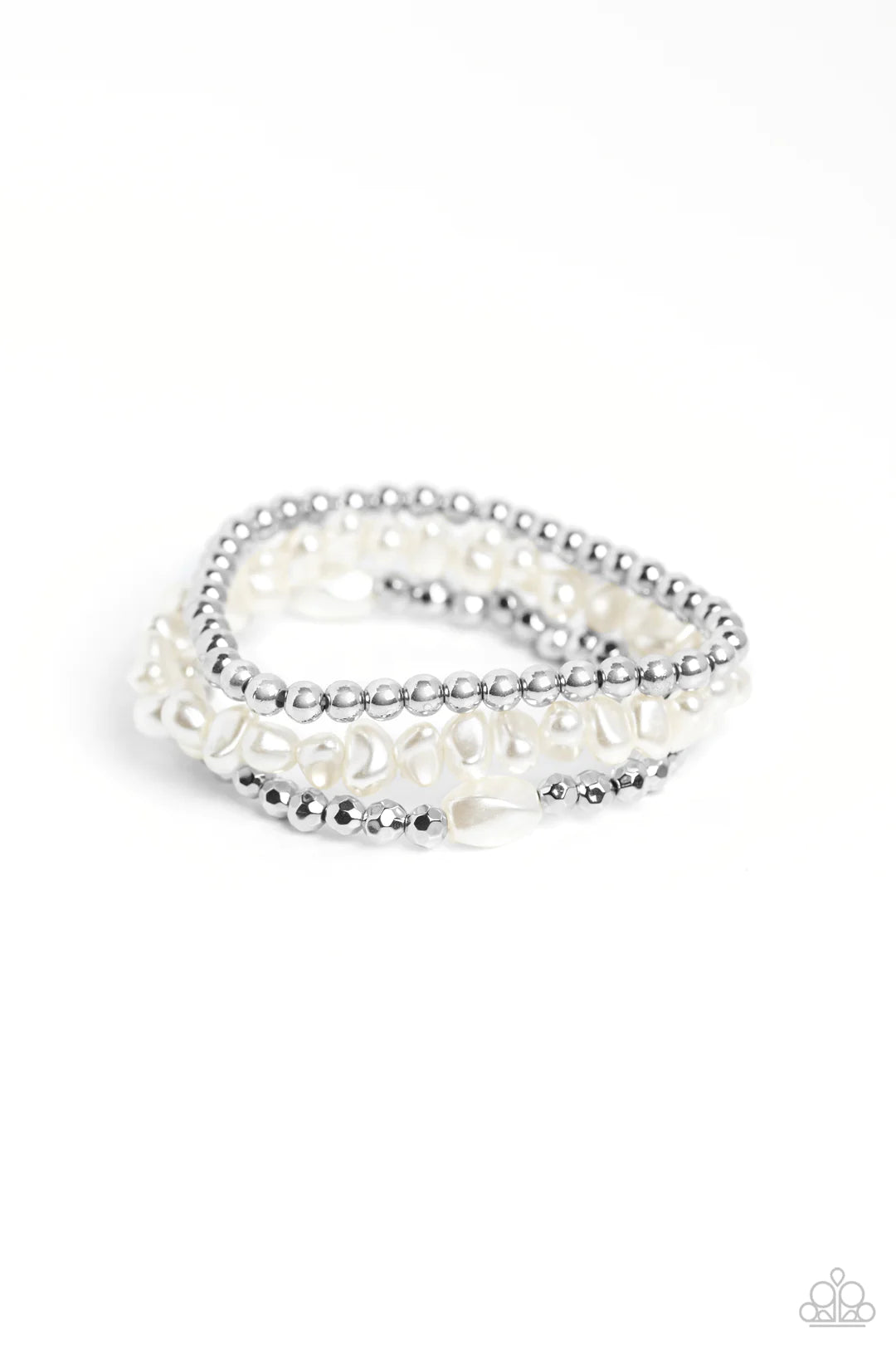 Paparazzi Accessories Effulgent Exchange - White Coalescing into a light-reflecting stack up the wrist, silver beads, baroque white pearl beads, and faceted silver beads with a solitaire white pearl bead wrap around the wrist on elastic stretchy bands for