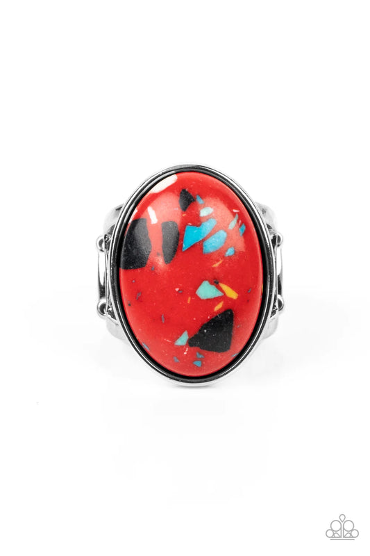 Paparazzi Accessories Majestic Marbling - Red Featuring a colorful marble finish, a speckled red stone is pressed into the center of a silver oval frame for a modern look. Features a stretchy band for a flexible fit. Sold as one individual ring. Jewelry
