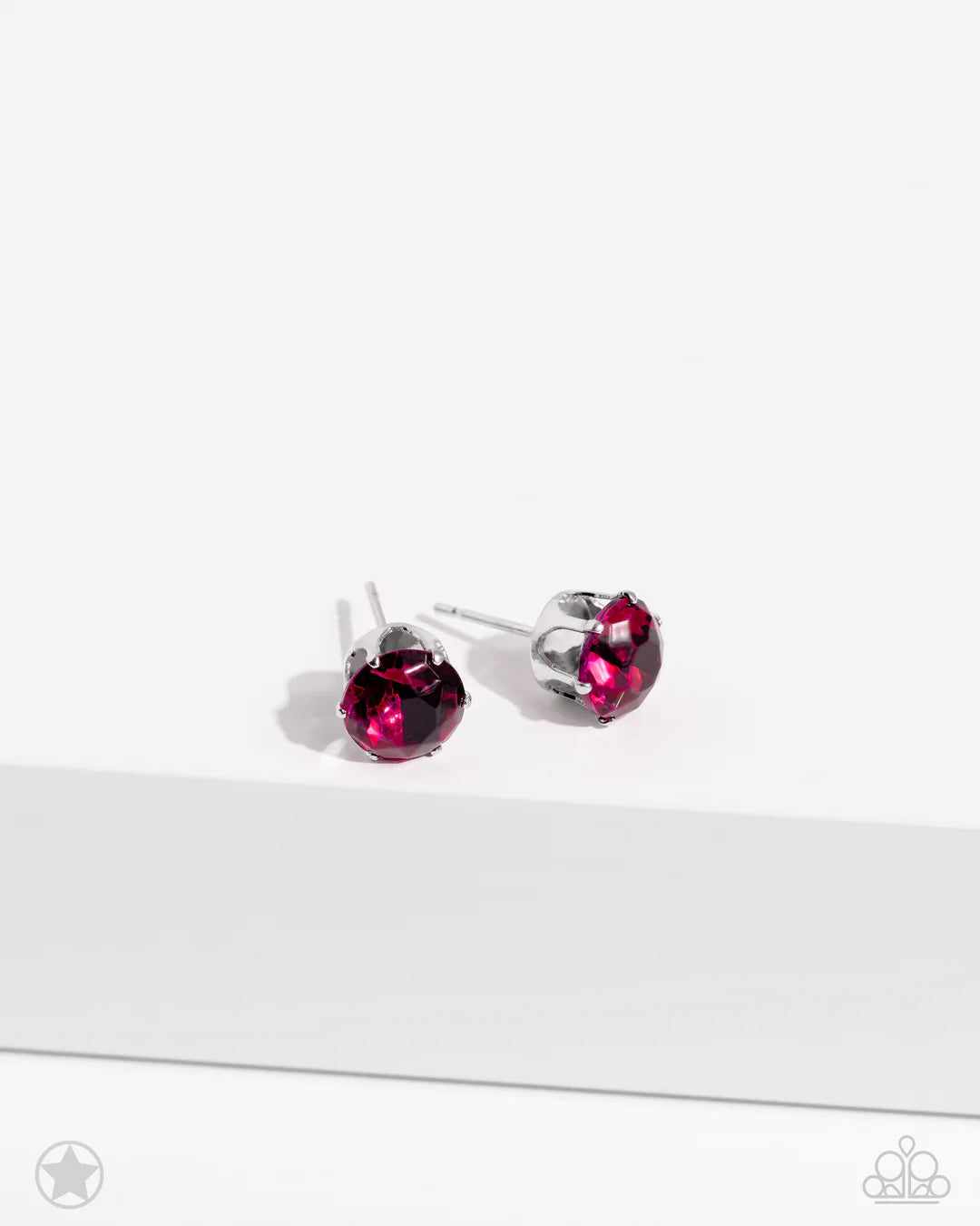 Paparazzi Accessories Just In Timeless - Pink A sparkling fuchsia rhinestone is nestled inside a classic silver frame for a timeless look. Earring attaches to a standard post fitting. Sold as one pair of post earrings. Jewelry