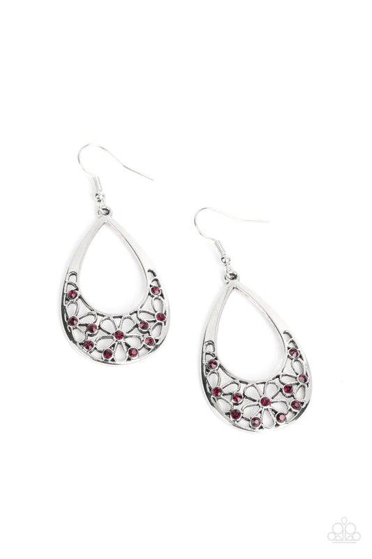 Paparazzi Accessories Terrace Trinket - Purple Dainty purple rhinestones are sprinkled across the bottom of a silver teardrop frame that is abloom with an airy daisy pattern, culminating into a colorful floral fashion. Earring attaches to a standard fishh
