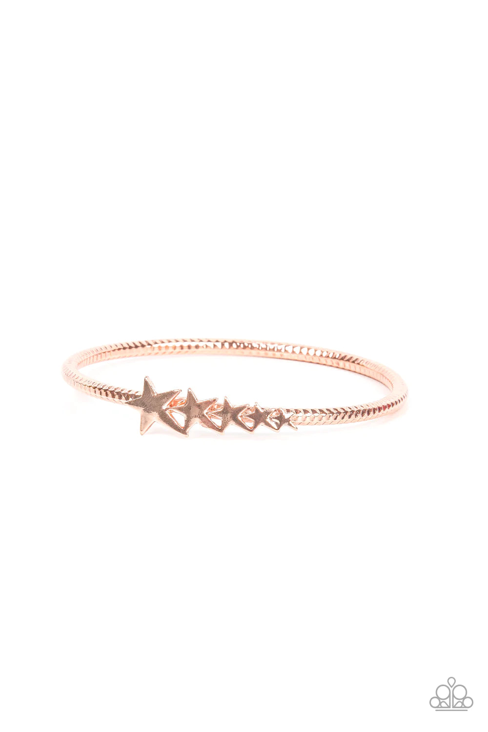 Paparazzi Accessories Astrological A-Lister - Copper Shiny copper stars graduate in size across the center of a hammered shiny copper bangle, creating a stackable stellar centerpiece around the wrist. Sold as one individual bracelet. Jewelry