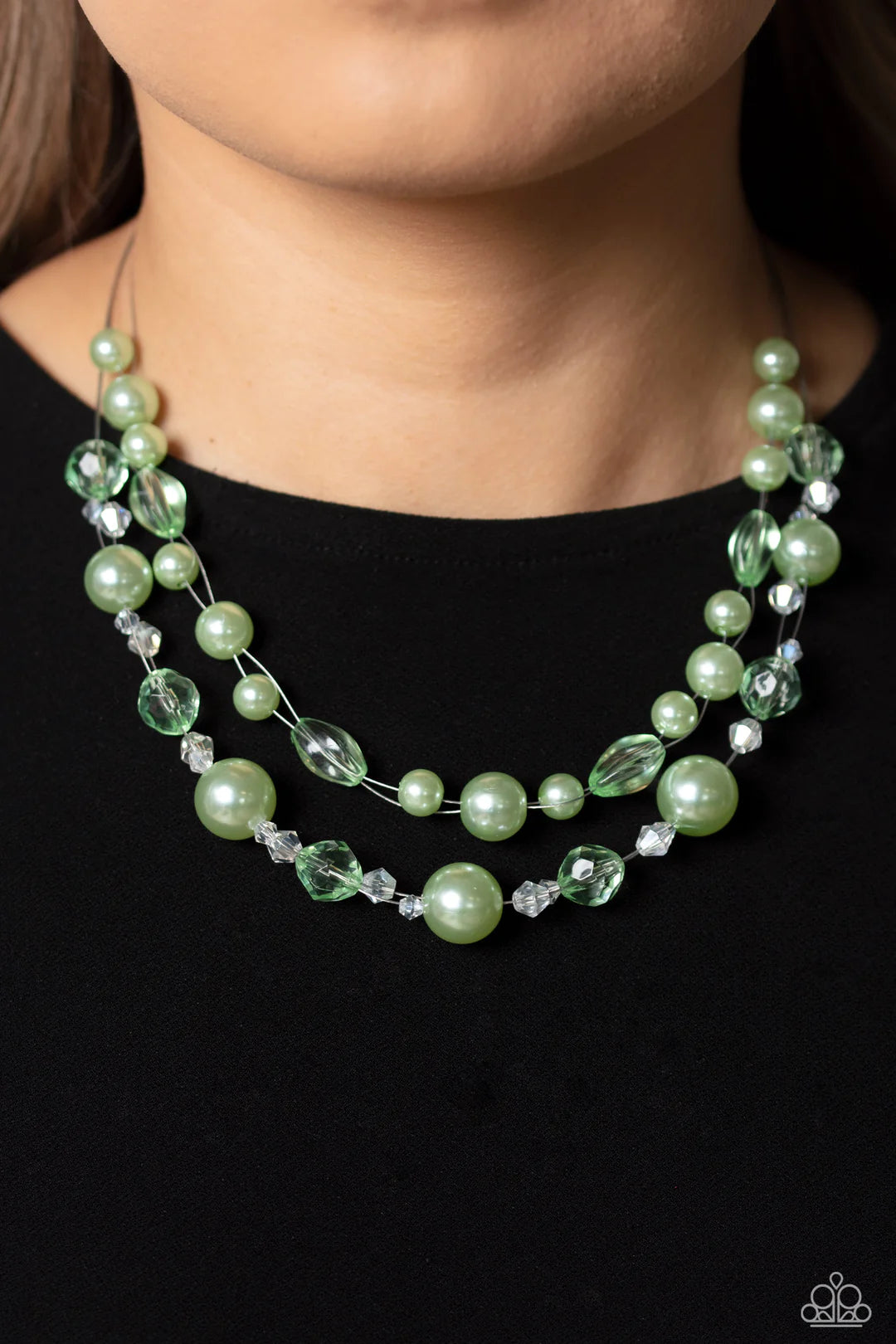 Paparazzi Accessories Parisian Pearls - Green Green beads brushed in a pearlescent finish are strung through glistening silver wires in a refined display. Infused with transparent and green beads, the layered clusters add a fashionable twist to the classi