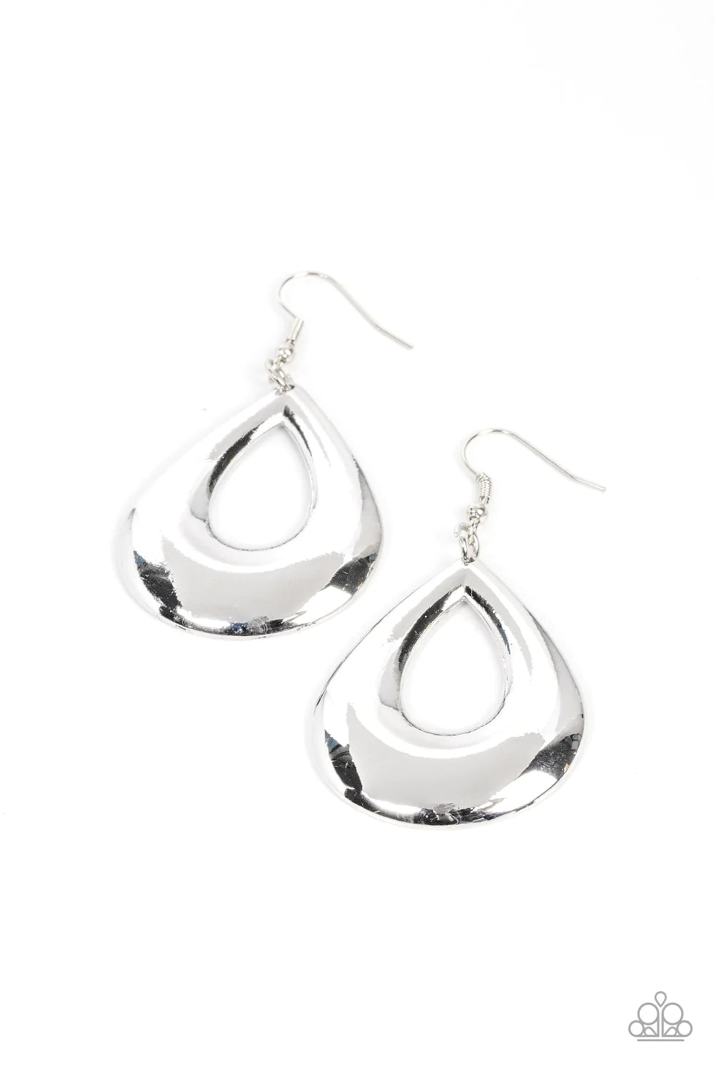 Paparazzi Accessories Laid-Back Leisure - Silver A beveled silver teardrop widens at the bottom, creating an intense industrial shimmer. Earring attaches to a standard fishhook fitting. Sold as one pair of earrings. Jewelry