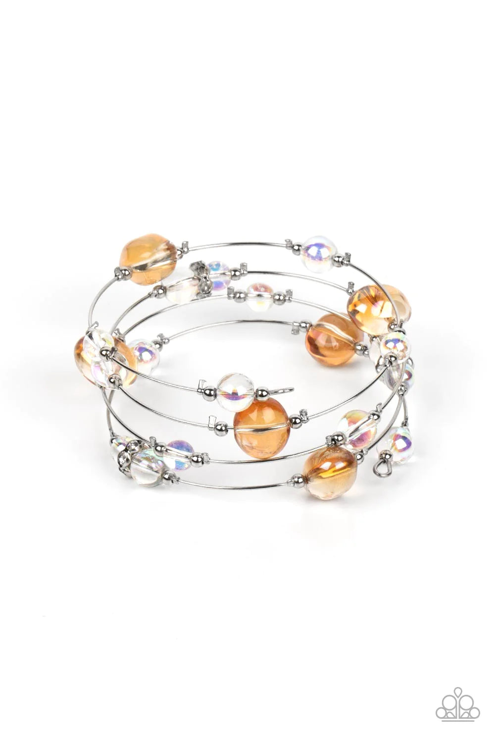 Paparazzi Accessories Optical Auras - Multi Glassy, orange and iridescent beads sporadically dot a strand of skinny wire, creating the illusion of floating spheres as they coil around the wrist in an infinity-wrap bracelet. One side of each marble-like be