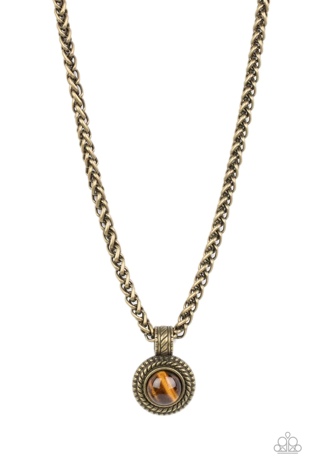 Paparazzi Accessories Pendant Dreams - Brass A textured brass frame spins around a tiger's eye stone center, creating a tranquil statement piece. The reflective pendant is anchored by a textured brass fixture, adding eye-catching dimension as the pendant