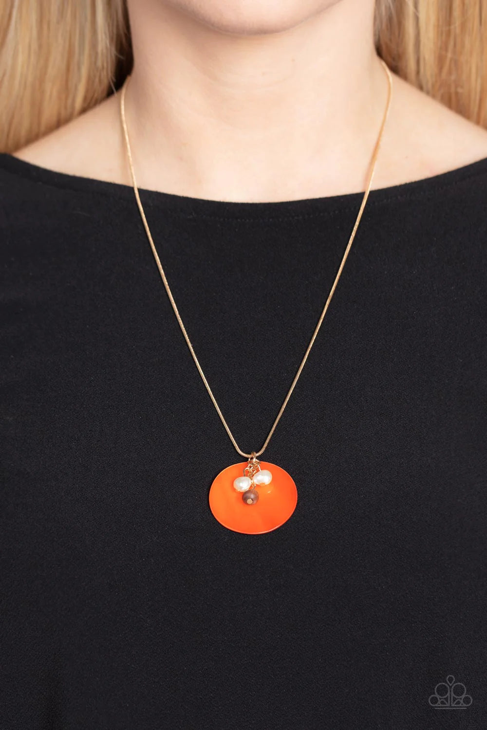 Paparazzi Accessories Beach House Harmony - Orange Dainty white pearls and wooden beads dangle over a smooth oversized orange shell. Features an adjustable clasp closure. Sold as one individual necklace. Includes one pair of matching earrings.