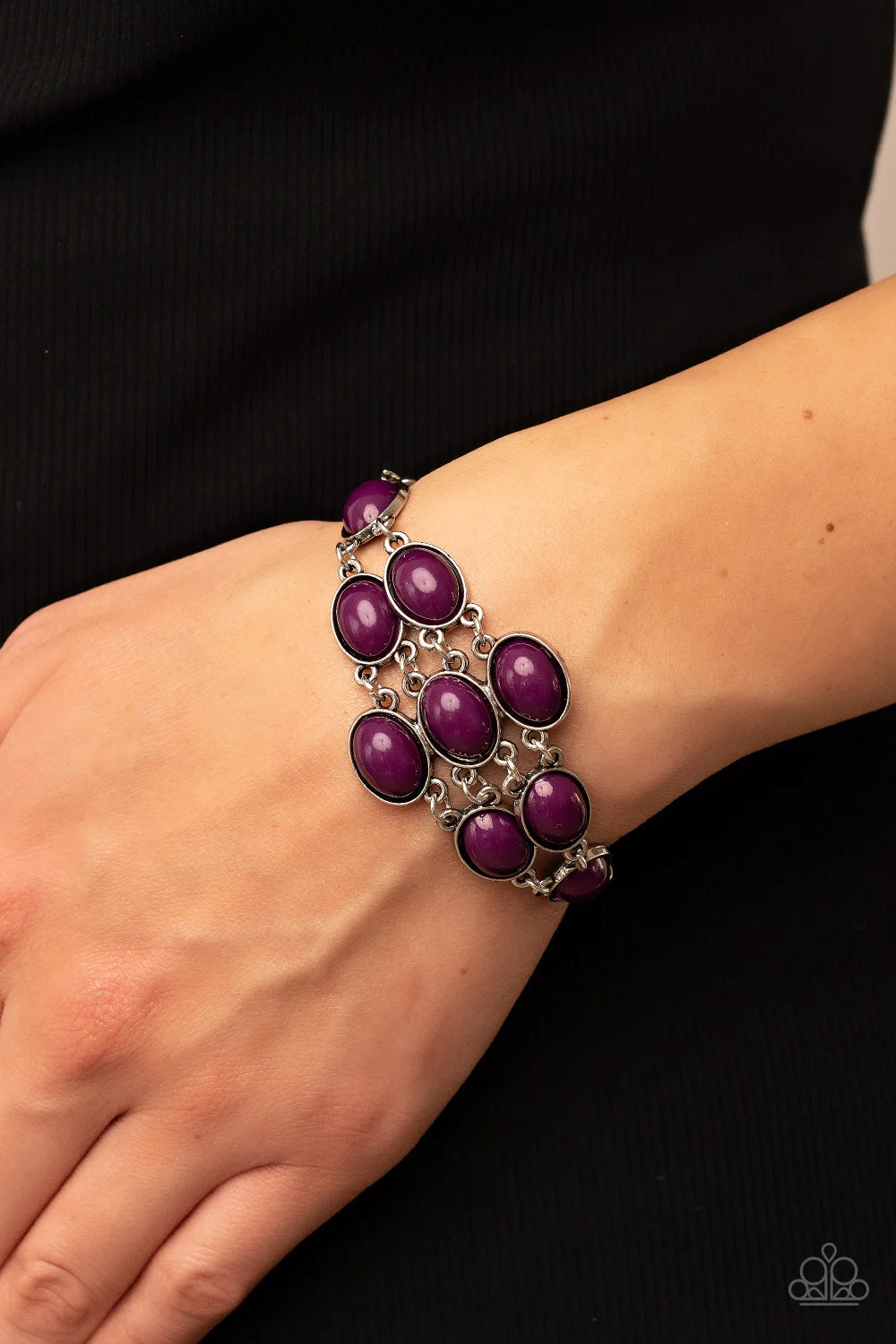 Paparazzi Accessories Color Wheel Garden - Purple Plum oval beaded frames delicately link across the wrist, creating a vivacious floral centerpiece. Features an adjustable clasp closure. Sold as one individual bracelet. Jewelry