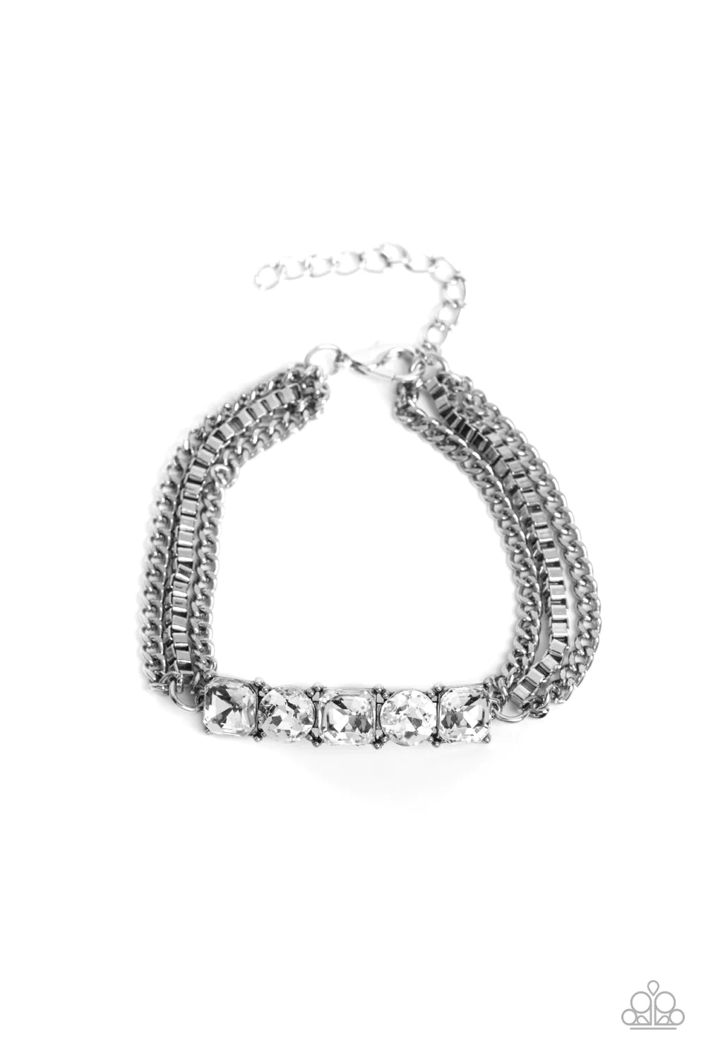 Paparazzi Accessories Tyrant Treasure - White A gritty mix of classic silver and silver box-chains stem from a row of faceted white gems, pressed into circular and square silver frames, creating edgy layers around the wrist. Features an adjustable clasp c