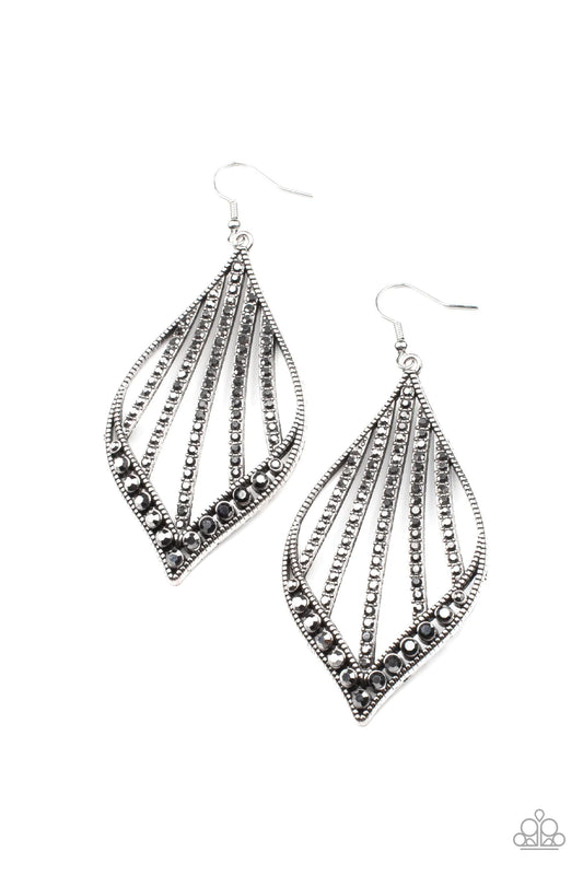 Paparazzi Accessories Showcase Sparkle - Silver Curved rows of smoky hematite rhinestones streak across the center of a studded marquise shaped silver frame. The bottom of the frame is encrusted in matching hematite rhinestones, creating a dramatic center