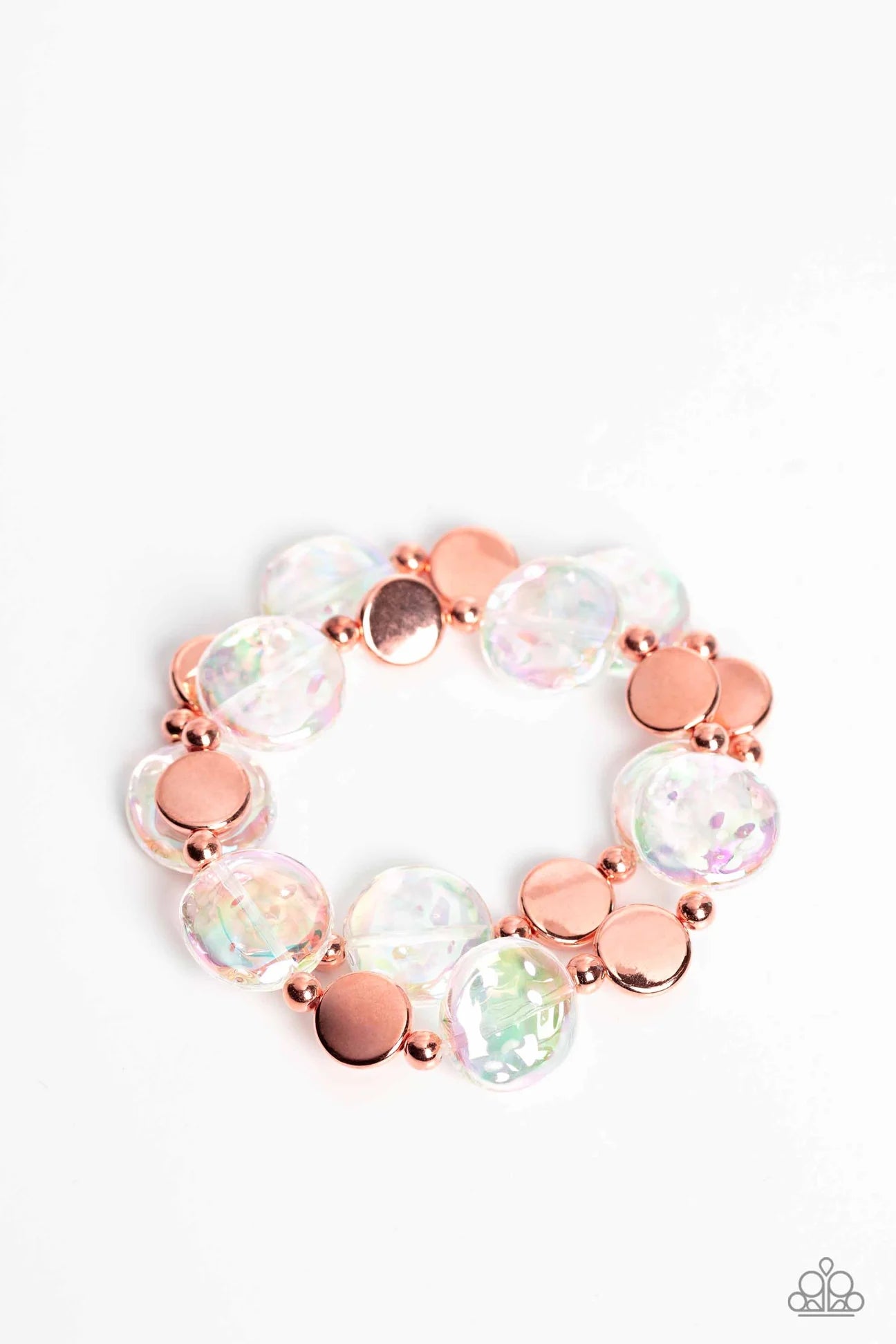 Paparazzi Accessories Discus Throw - Copper Shiny copper discs, studs, and asymmetrical clear discs featuring an iridescent shimmer coalesce around the wrist on elastic stretchy bands for an attention-grabbing shimmer. Due to its prismatic palette, color