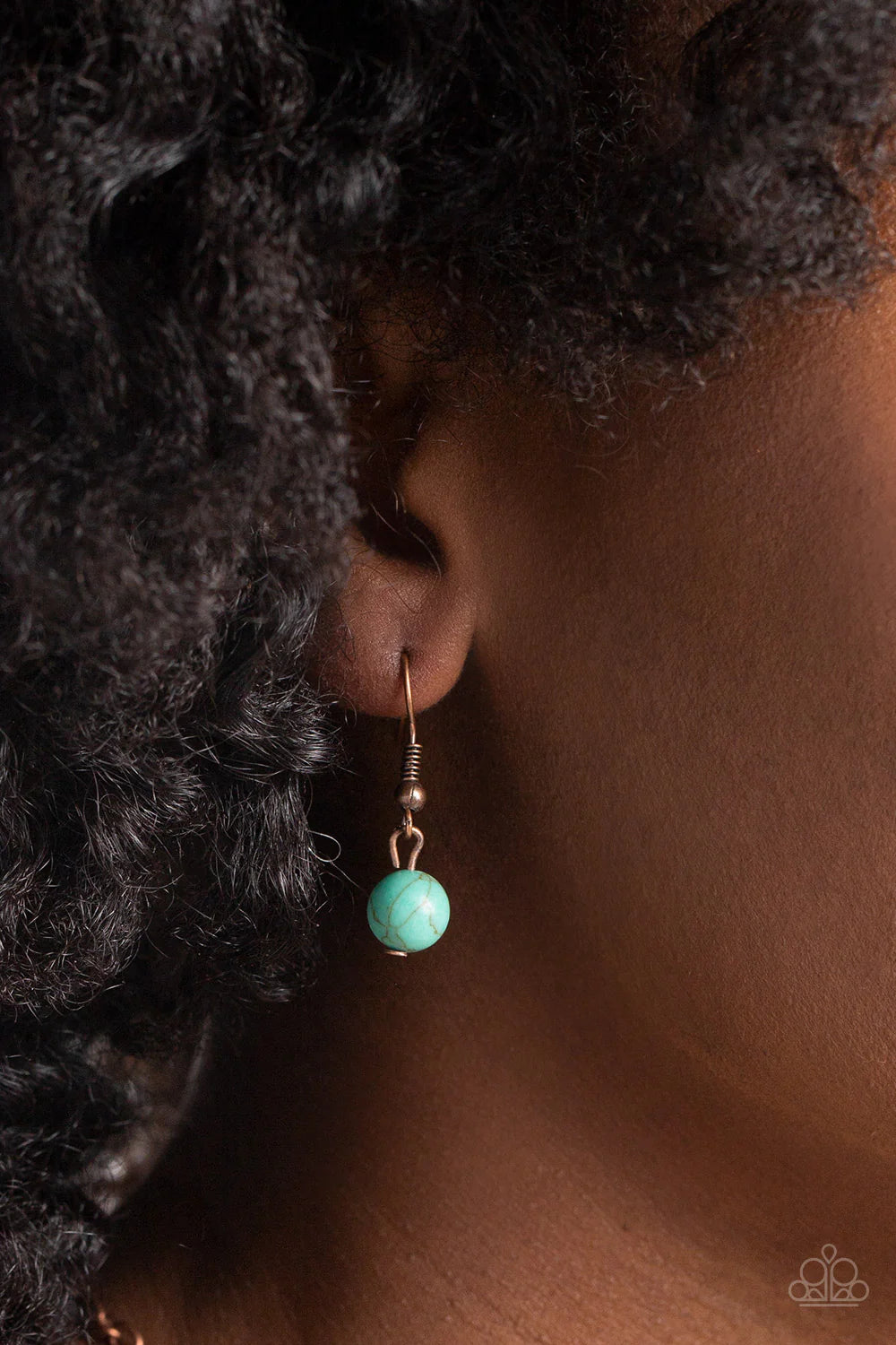 Paparazzi Accessories Stone Toll - Copper Dangling from an elongated, copper link chain, two whimsical, interconnected shapes coalesce down the chest. An oversized turquoise stone, wrapped in a copper floral frame swings as the uppermost shape above an ov