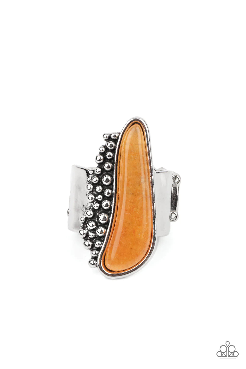Paparazzi Accessories Gemstone Guide - Orange An asymmetrical orange stone is pressed into a sleek silver frame. One side of the earthy frame is adorned in shiny silver studs, adding an abstract edge to the artisan inspired centerpiece. Features a stretch