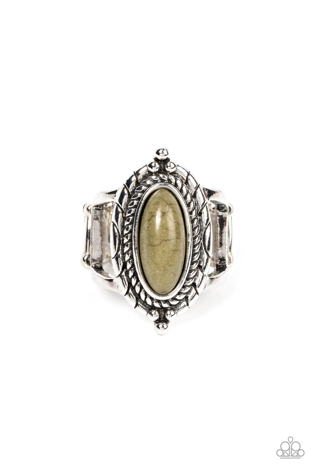 Paparazzi Accessories Mojave Metro - Green An oblong Olive Branch stone adorns the center of a ring of spun rope-like silver inside of a textured and studded silver frame, creating a colorful artisanal centerpiece atop the finger. Features a stretchy band