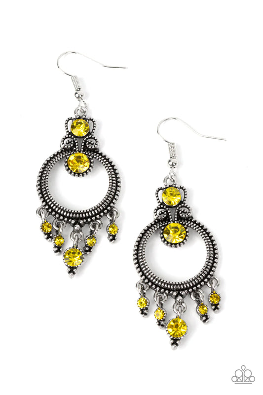 Paparazzi Accessories Palace Politics - Yellow Sparkling with a pair of brilliant yellow rhinestones, a studded filigree accent attaches to the top of a studded silver hoop brimming with antiqued textures. A dainty collection of yellow rhinestones twinkle