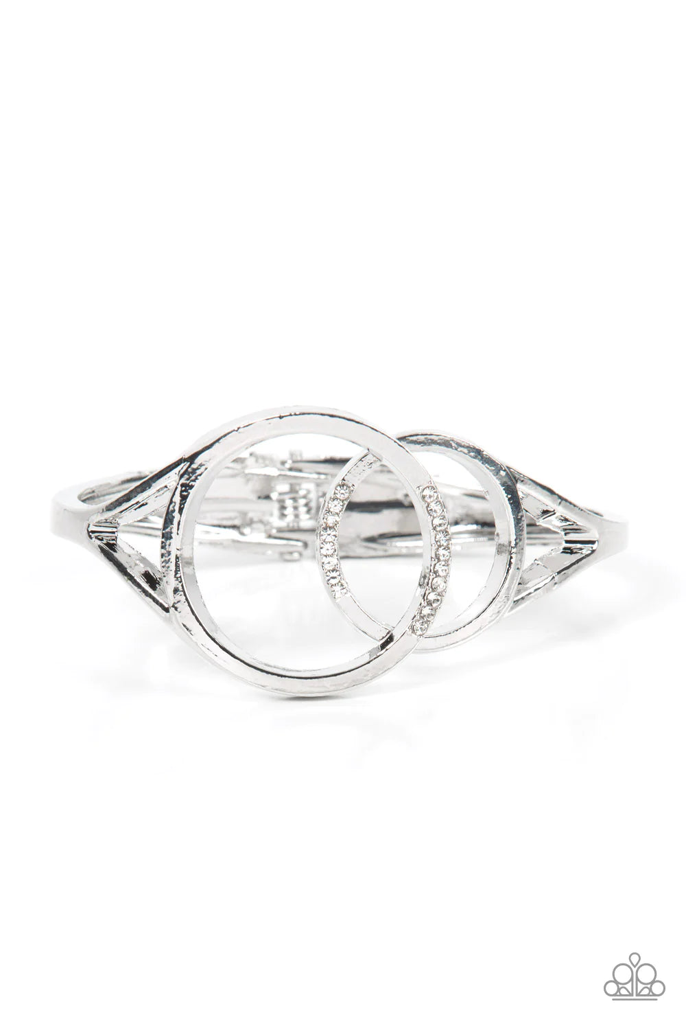 Paparazzi Accessories Scope of Experience - White Encrusted in sections of glassy white rhinestones, two oversized silver rings delicately overlap across the center of the wrist, resulting in a timeless bangle-like bracelet around the wrist. Features a hi
