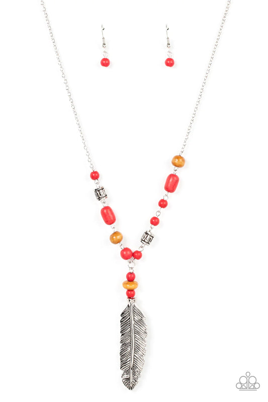 Paparazzi Accessories Watch Me Fly - Red A lifelike silver feather swings from the bottom of a dainty silver bead adorned in wooden beads, red stones, and textured silver accents, resulting in a free-spirited pendant. Features an adjustable clasp closure.
