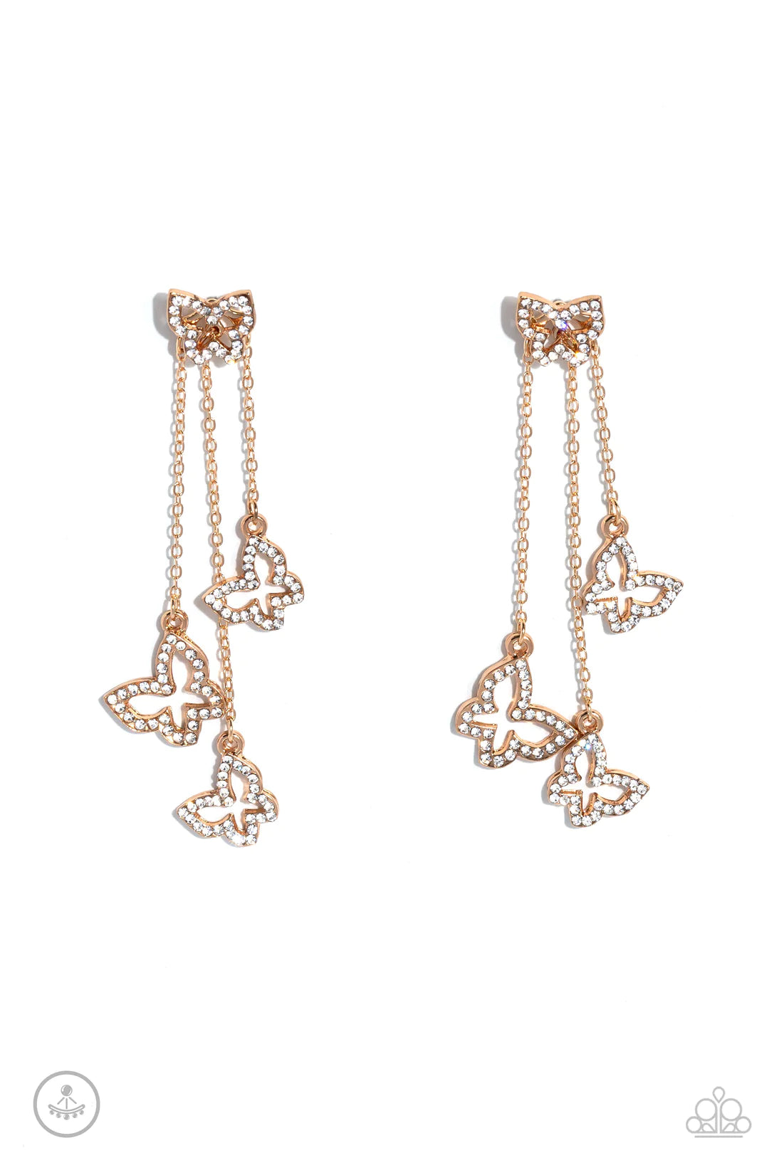 Paparazzi Accessories Boisterous Butterfly - Gold Cascading from a solitaire, rhinestone-encrusted butterfly, a trio of butterfly silhouettes in varying sizes with a similar sparkle attaches to a double-sided post as it cascades from dainty gold chains fo