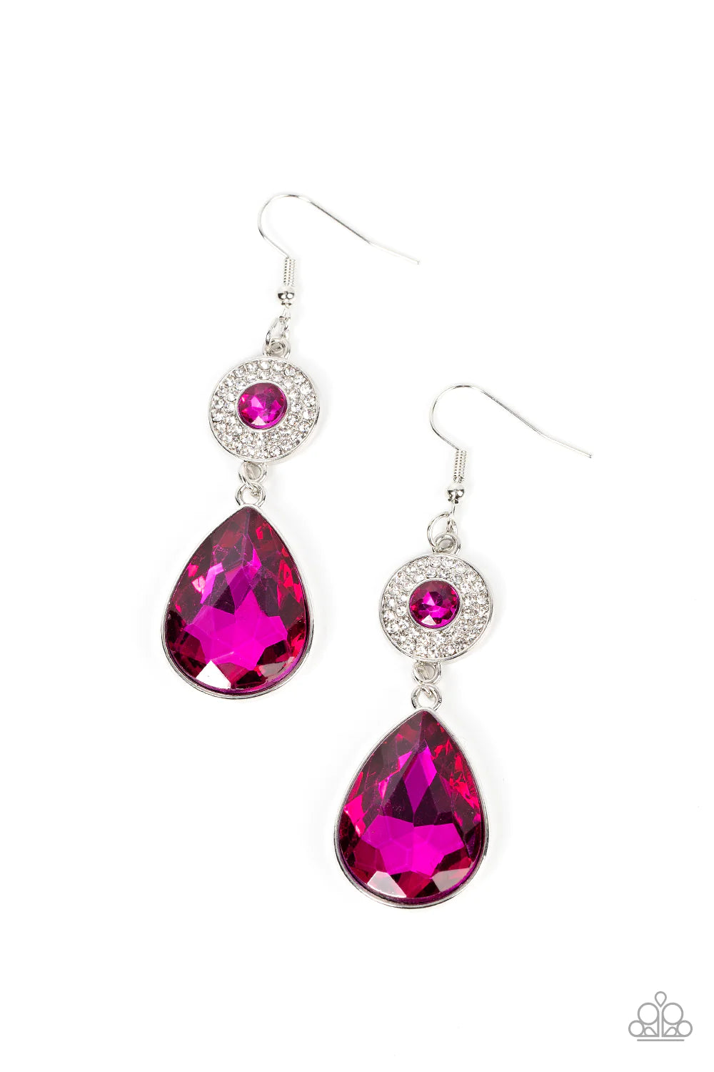 Paparazzi Accessories Collecting My Royalties - Pink Dotted with a solitaire Fuchsia Fedora rhinestone, a white rhinestone encrusted silver disc gives way to an oversized teardrop Fuchsia Fedora gem, resulting in a glamorous lure. Earring attaches to a st