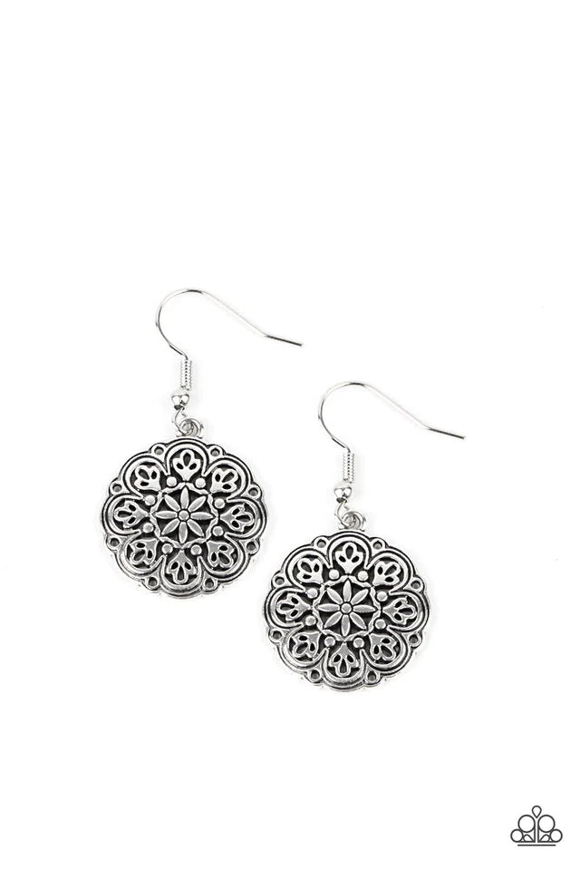 Paparazzi Accessories Gallery Garden - Silver Brushed in an antiqued shimmer, dainty silver petals bloom out from the center of a silver flower, coalescing into a scalloped frame. Earring attaches to a standard fishhook fitting. Jewelry