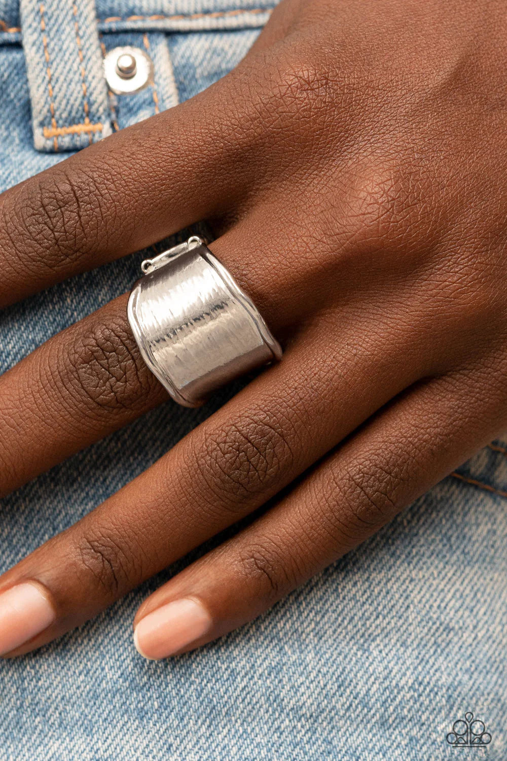 Paparazzi Accessories Too Little Too SLATE - Silver Wavy silver bars border a flattened silver frame that is etched in glistening details, resulting in a reflective shimmer around the finger. Features a stretchy band for a flexible fit. Sold as one indivi
