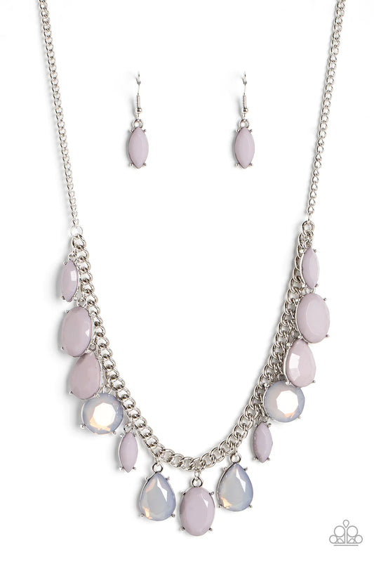 Paparazzi Accessories Fairytale Fortuity - Silver Featuring oval, round, teardrop, and marquise cuts, a fanciful collection of opaque and translucent Gray Lilac beads sways from a bold silver chain. The faceted beads are set in silver prong settings, givi
