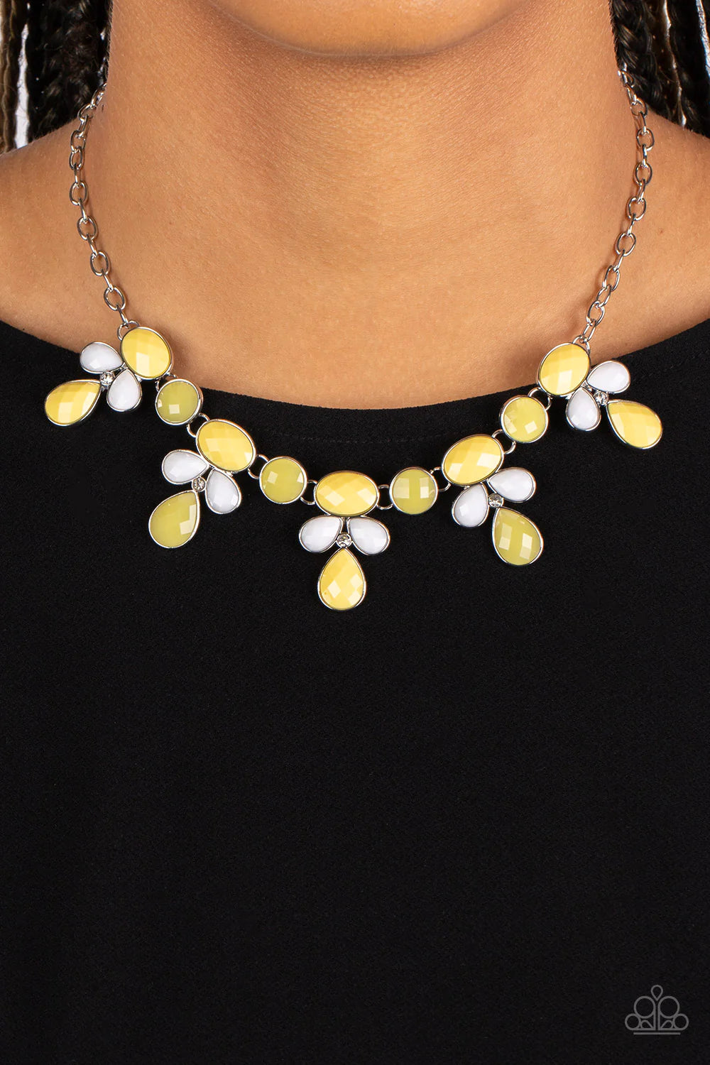 Paparazzi Accessories Midsummer Meadow - Yellow Featuring dizzying faceted finishes, a collection of oval, round, and teardrop shaped beads in vibrant shades of white and Primrose cluster into colorful frames around dainty white rhinestones. The whimsical