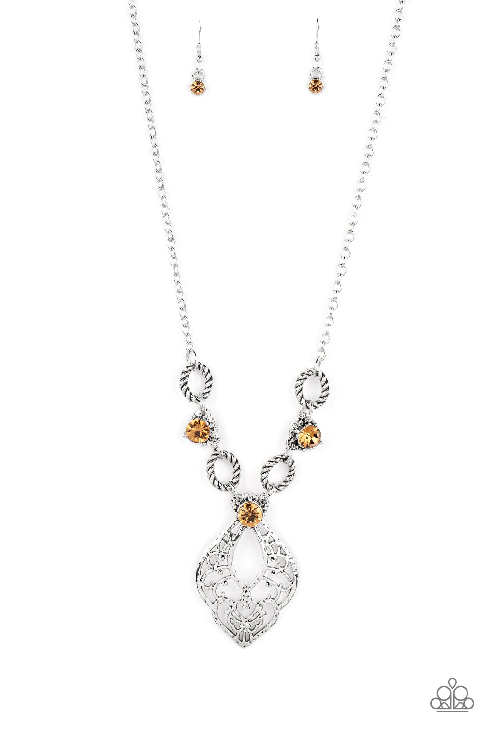 Paparazzi Accessories Contemporary Connections - Brown Twisted silver links and oversized golden topaz rhinestones delicately alternate below the collar. A hammered filigree filled silver pendant shimmers from the bottom of the centermost rhinestone, crea