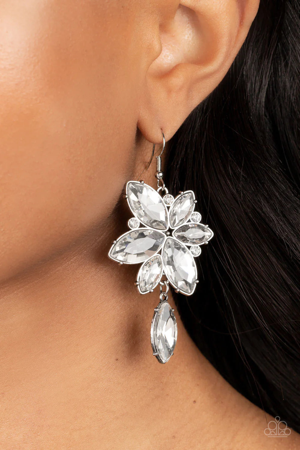 Paparazzi Accessories Radiant Retrospection - White nfused with dainty white rhinestones, an oversized collection of white marquise cut gems explodes into a silver frame. A matching white gem swings from the bottom of the clustered frame, adding sparkly m