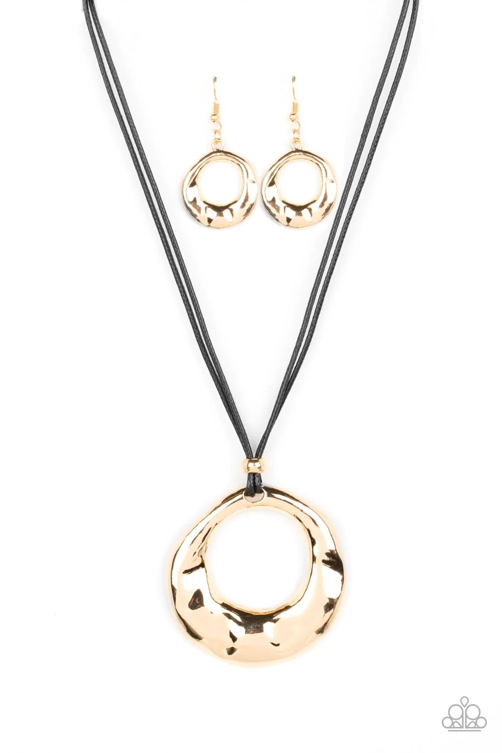 Paparazzi Accessories Tectonic Treasure - Gold An oversized, oblong, gold hoop rippling with hammered textures swings from the bottom of a collection of black cording. A single gold bead glides down the bottom of the cording for a dramatic industrial look