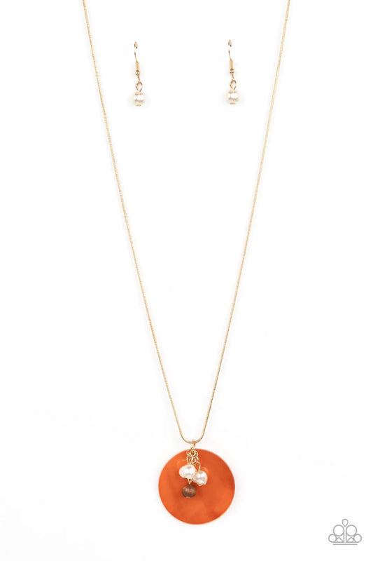 Paparazzi Accessories Beach House Harmony - Orange Dainty white pearls and wooden beads dangle over a smooth oversized orange shell. Features an adjustable clasp closure. Sold as one individual necklace. Includes one pair of matching earrings.