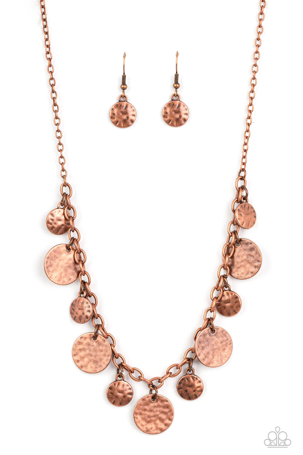 Paparazzi Accessories Model Medallions - Copper Copper discs in a variety of sizes dance along a copper chain in a charming display. The discs are hammered in texture, adding rustic, handcrafted detail to the design. Features an adjustable clasp closure.