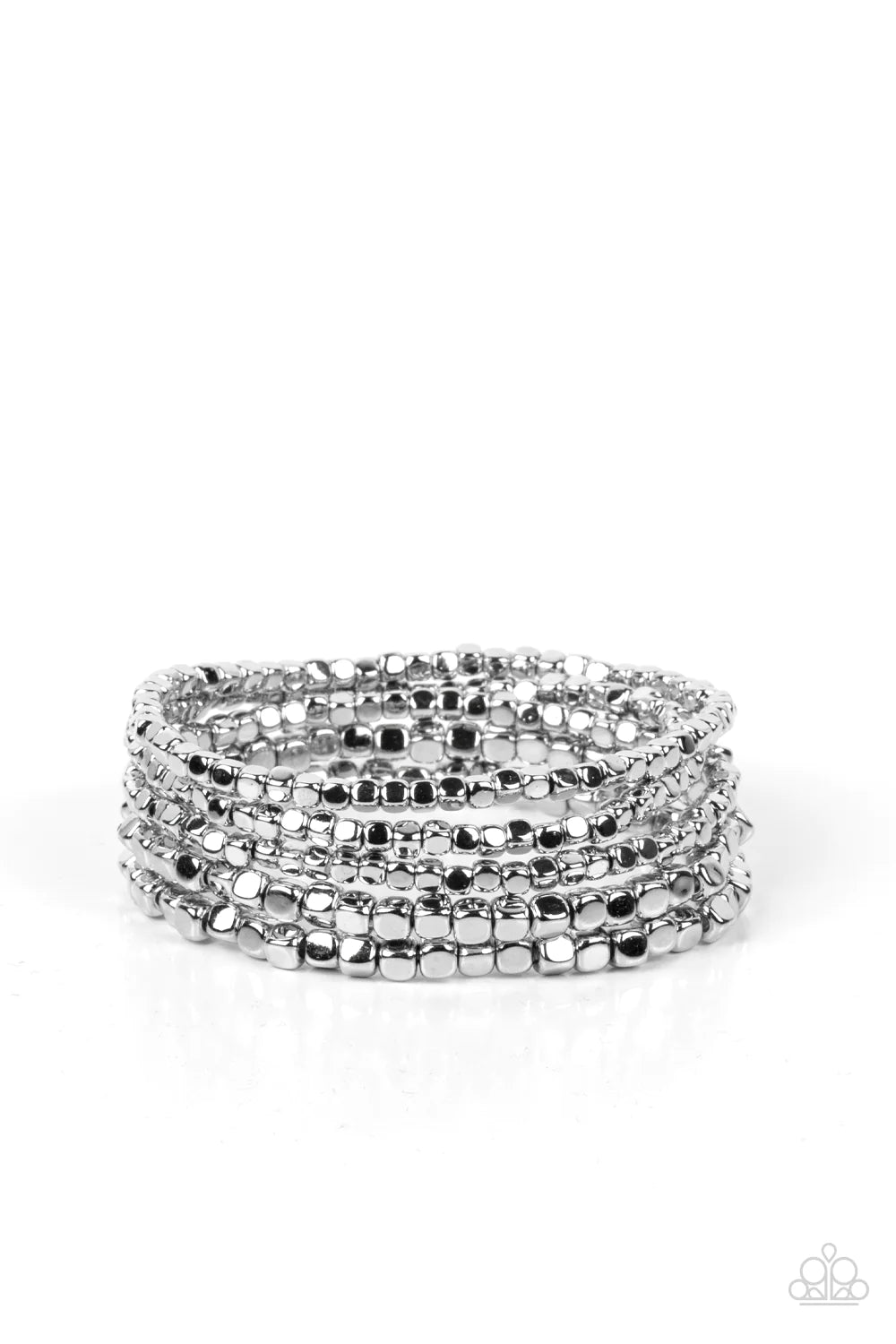 Paparazzi Accessories Right on Cube - Silver A dainty collection of shiny silver cube beads are threaded along stretchy bands around the wrist, creating edgy layers. Sold as one individual bracelet. Jewelry