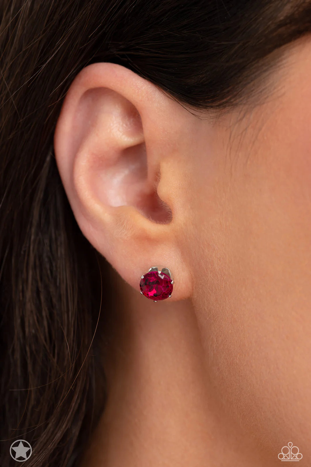 Paparazzi Accessories Just In Timeless - Pink A sparkling fuchsia rhinestone is nestled inside a classic silver frame for a timeless look. Earring attaches to a standard post fitting. Sold as one pair of post earrings. Jewelry