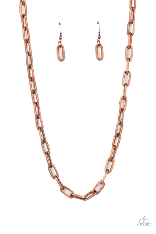 Paparazzi Accessories Boston Backdrop - Copper A strand of oversized, copper, chain links falls unapologetically along the collar. The timeless palette takes on an industrial intensity, allowing the simple design to make an impressive impact. Features an