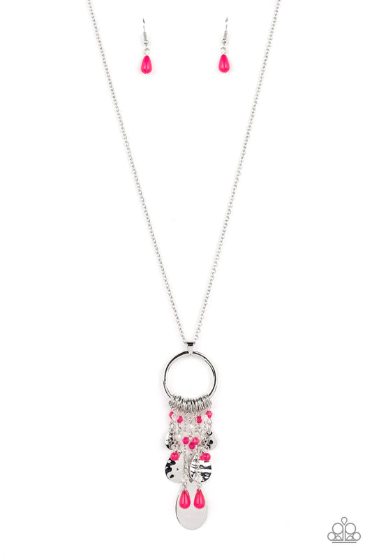Paparazzi Accessories Totally Trolling - Pink Separated by dainty silver rings, crystal-like beads in the shade of Pink Peacock stream from the bottom of a flat silver hoop. Gradually increasing in size, hammered silver teardrops add texture and shimmer t