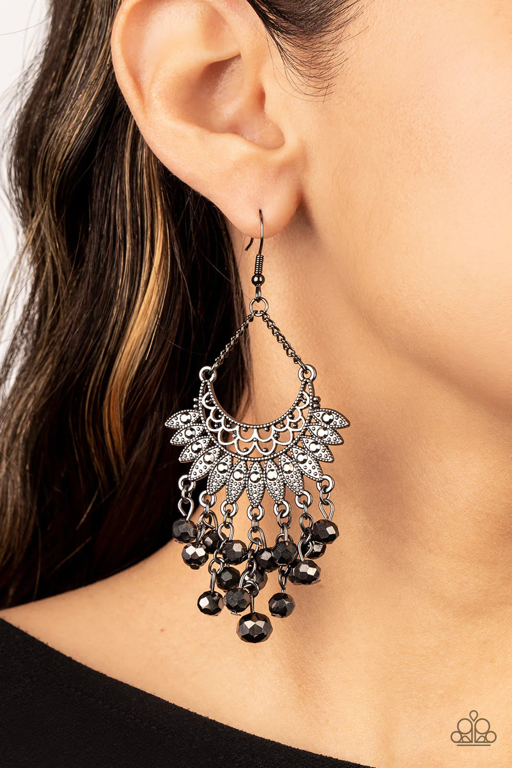 Paparazzi Accessories Chromatic Cascade - Black Tassels of faceted hematite beads cascade from the bottom of a fan of hematite rhinestone dotted frames that flare out from a filigree filled half moon frame, resulting in a glitzy fringe suspended by dainty