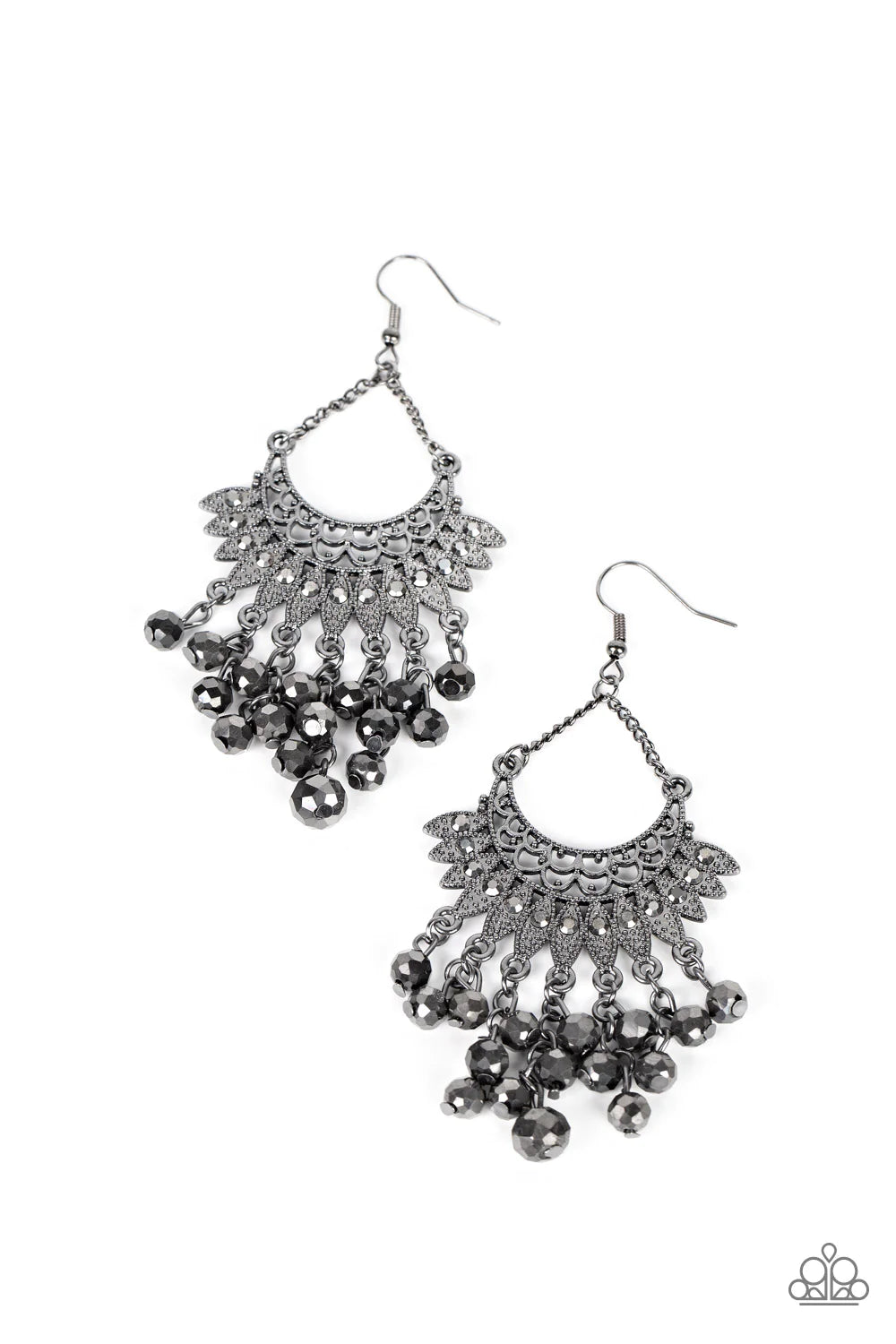 Paparazzi Accessories Chromatic Cascade - Black Tassels of faceted hematite beads cascade from the bottom of a fan of hematite rhinestone dotted frames that flare out from a filigree filled half moon frame, resulting in a glitzy fringe suspended by dainty
