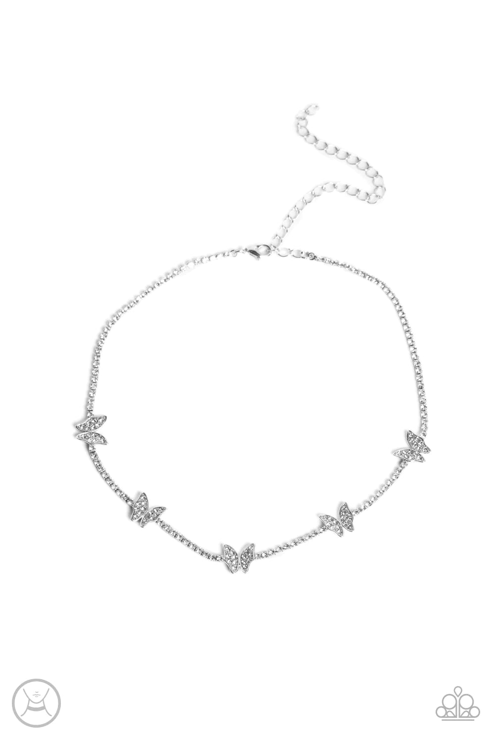 Paparazzi Accessories Fluttering Fanatic - White Infused along a row of dainty white rhinestones pressed into silver box-chain settings, a collection of silver butterflies coalesces around the neckline for a whimsical finish. Each butterfly features a dai