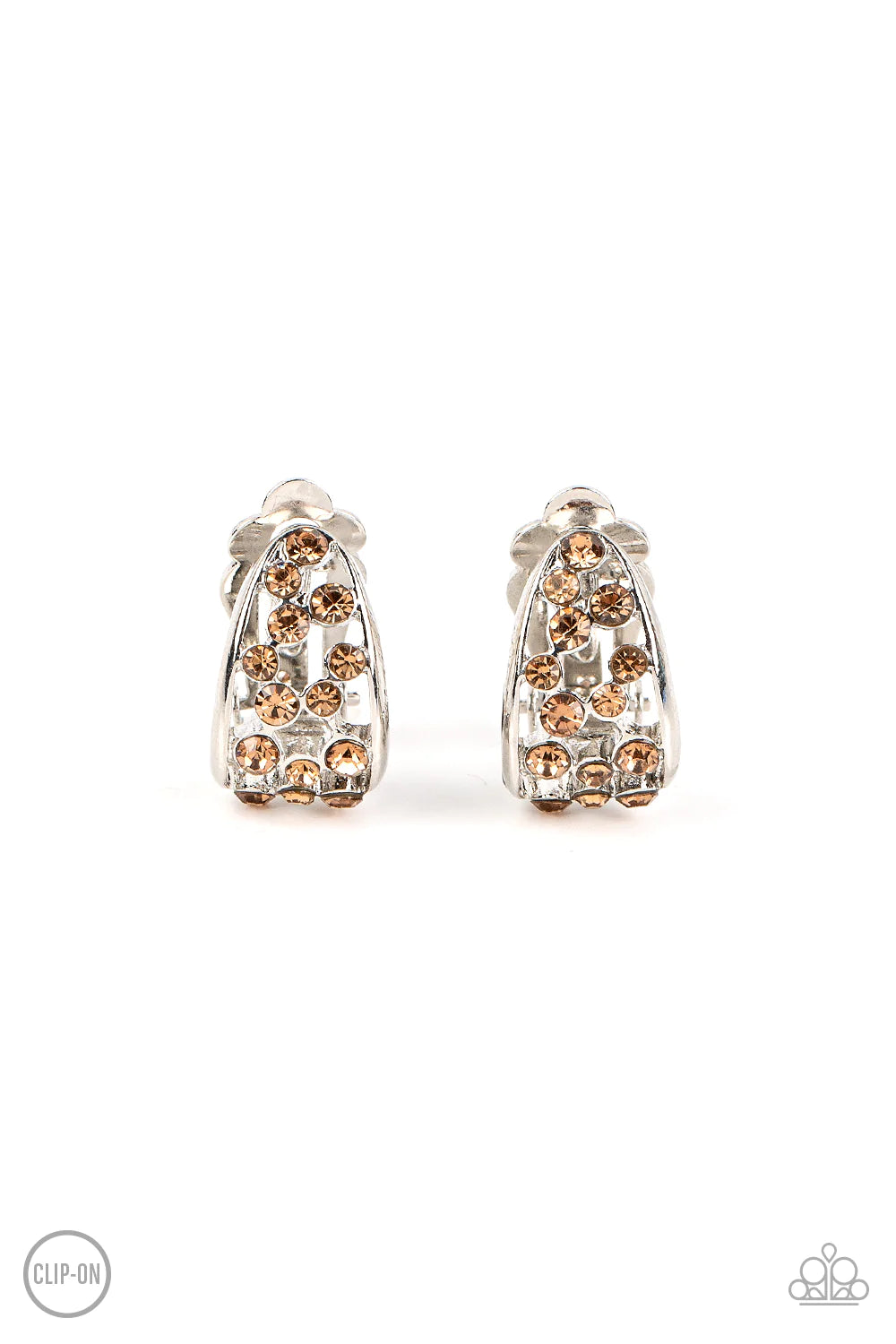 Paparazzi Accessories Extra Effervescent - Brown A collection of dainty golden topaz rhinestones tumbles down the airy center of a curved silver frame, resulting in a stellar effervescence. Earring attaches to a standard clip-on fitting. Sold as one pair