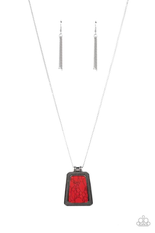 Paparazzi Accessories Private Plateau - Red A flat and trapezoidal red stone is pressed into the center of a studded silver frame, resulting in a rustic pendant at the bottom of a lengthened silver chain. Features an adjustable clasp closure. Sold as one