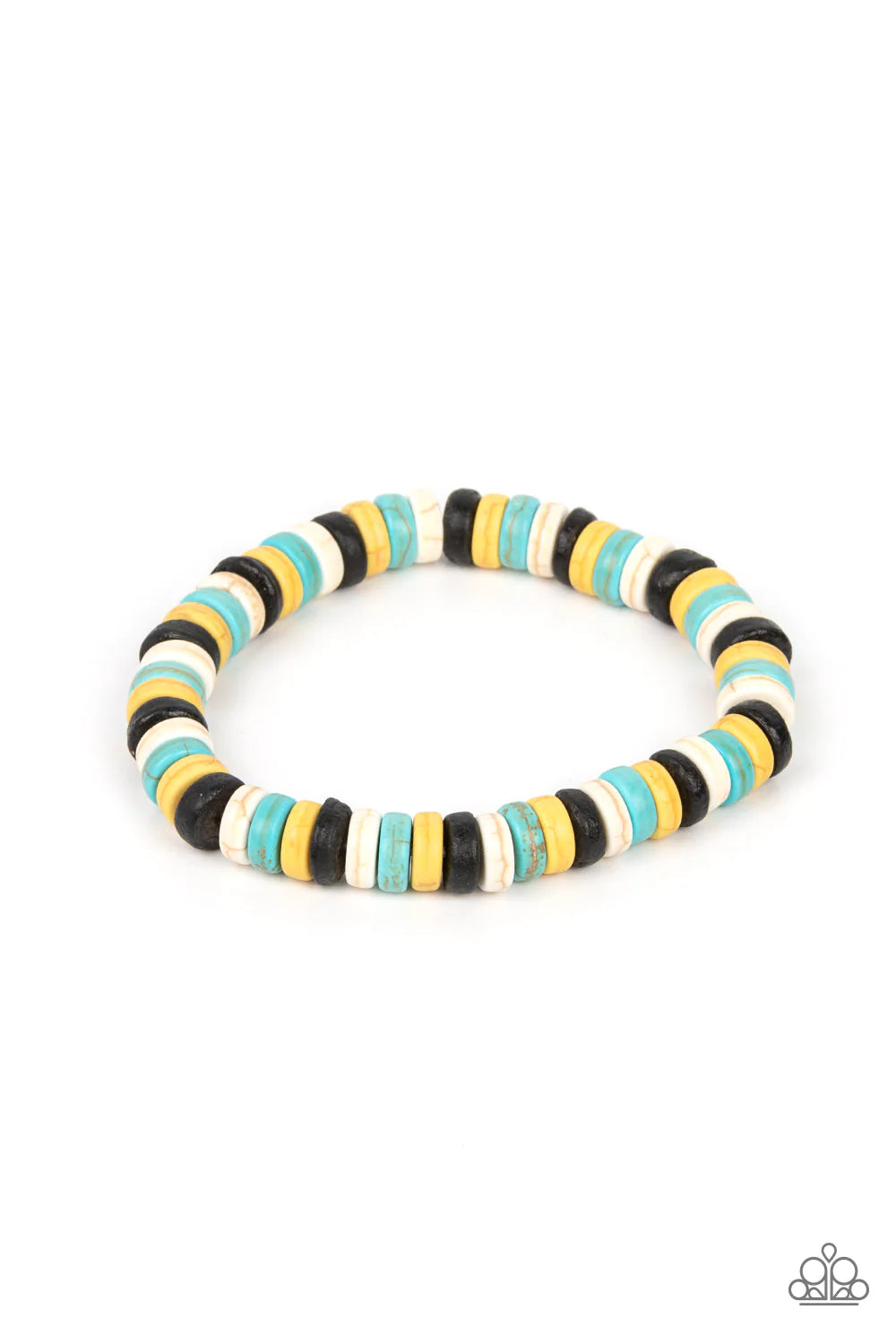 Paparazzi Accessories Rural Rocker - Blue Imperfect black, yellow, turquoise, and white stone discs are threaded along stretchy bands, creating an earthy pop of color around the wrist. Sold as one individual bracelet. Jewelry