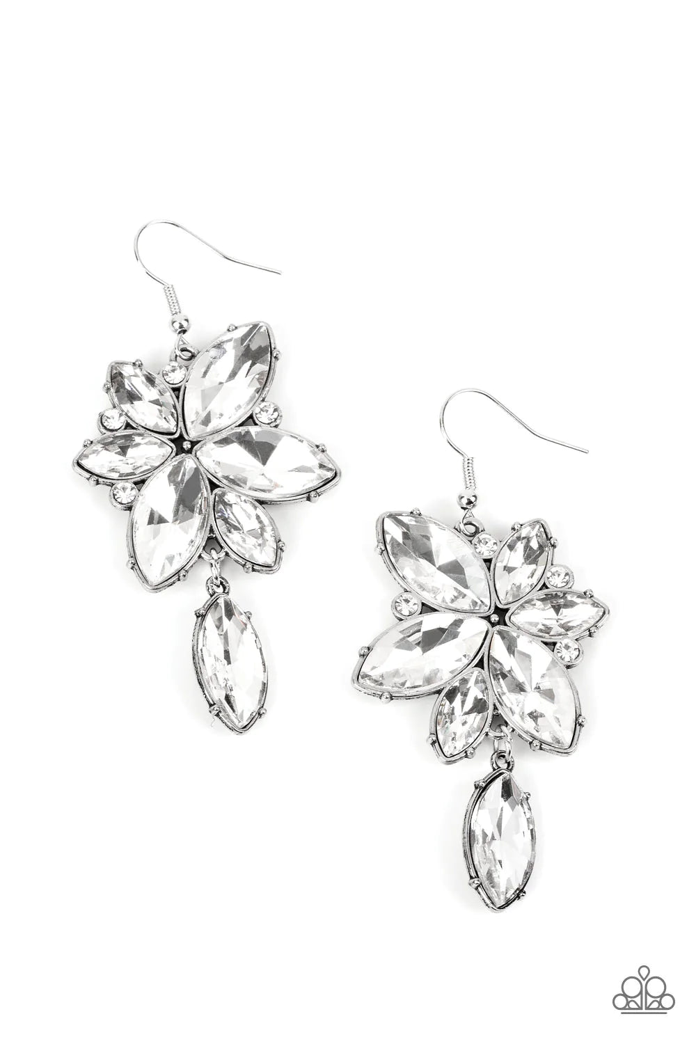 Paparazzi Accessories Radiant Retrospection - White nfused with dainty white rhinestones, an oversized collection of white marquise cut gems explodes into a silver frame. A matching white gem swings from the bottom of the clustered frame, adding sparkly m